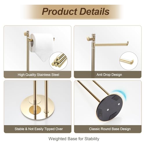 BVL Toilet Paper Holder Stand in Gold, SUS304 Stainless Steel, Weighted Base, Holds 5 Jumbo Rolls, Waterproof Pad, Compact Space-Saving Design with Built-in Hook for Modern Bathroom Storage - color: Gold
