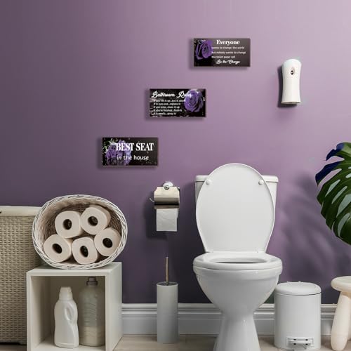 DONFENTHY 3 Pcs Purple Bathroom Rules Decor Rustic Wooden Best Seat in The House Rose Hanging Wall Art Bathroom Accessories for Toilet(Purple 10x5") - color: Purple Rose