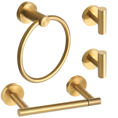 4 Pieces Brushed Gold Bathroom Accessories Hardware Set,Toilet Paper Holder Set,Include Double Post Pivoting Toilet Tissue Roll Paper Holder,Towel Ring,Towel Holder Set for Bathroom - color: Brushed Gold a