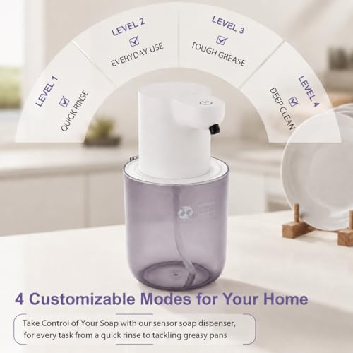 Automatic Foaming Soap Dispenser, 4-Level Touchless Hand Soap Dispenser, USB-C Rechargeable, Wall Mount or Countertop, 13.5oz/400ml, for Bathroom, Kitchen, Office, Hotel, White