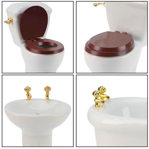Waldosia 1:12 Scale White Porcelain Dollhouse Bathroom Set – 4-Piece Miniature Furniture with Bathtub, Pedestal Sink, Toilet & Mirror