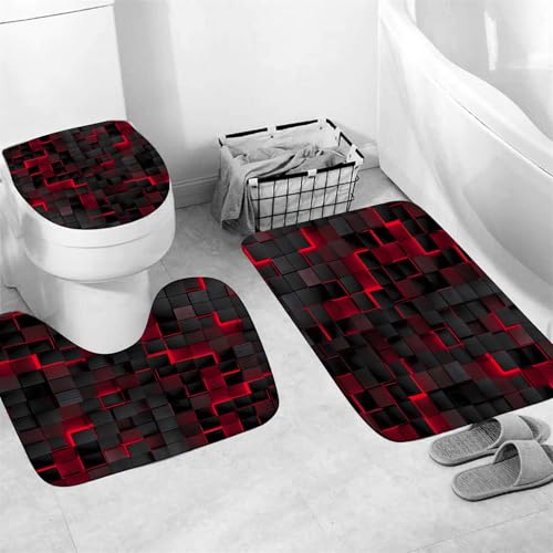 LQCOOL 4Pcs Shower Curtain Set Black 3D Cubes Shower Curtain Set Modern Bathroom Sets with Shower Curtain and Rugs Red Shower Curtain with 12 Hooks - color: Black Red