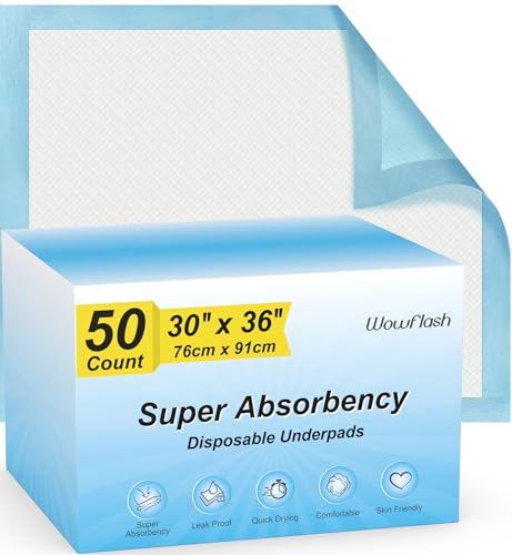 Wowflash Super Absorbency Disposable Leakproof Underpads with Quick Drying for Baby, Adults, Puppy, Dog Bed Pee Pads, Extra Large, XXL Incontinence Pads, 30” x 36”, 50 Count - size: 50 Count 30" x 36"