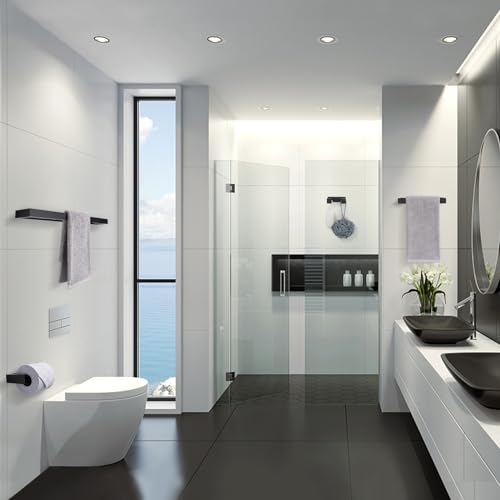 Lairuier 4-Piece Bath Towel Bar Set, Matte Black Bathroom Hardware Set Including Towel Bar,Towel Holder, Toilet Paper Holder, Towel Hook,Stainless Steel Bathroom Hardware Accessories Set - color: Matte Black, size: Set B