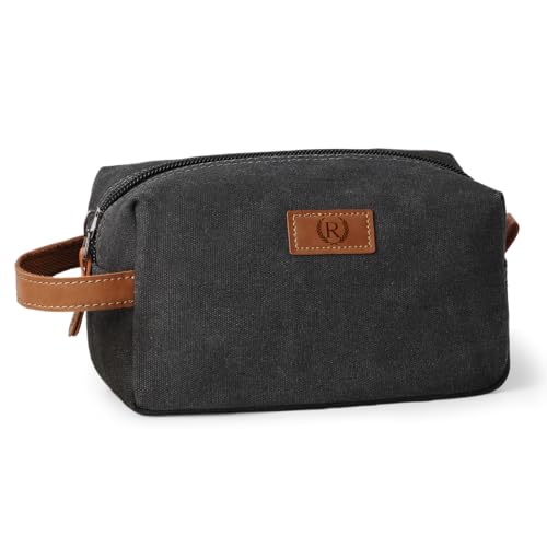 Travel Essentials Canvas Toiletry Makeup Bag Dopp Kit Dark Grey(Initial R) | Waterproof Cosmetic Bag Travel Vacation Essentials Bathroom Organizer Personalized Gift For Father Husband Groomsmen Birthday - color: Dark Grey, style: R