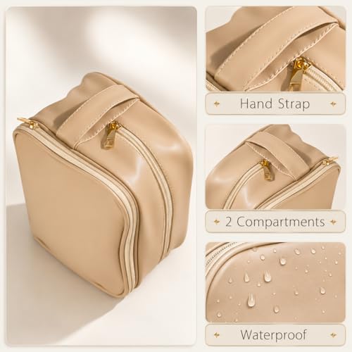 Double Layer Travel Makeup Bag for Women | 9.1L x 4.3W x 6.3H in Faux Leather Cosmetic Organizer for Makeup, Skincare and Toiletries, Brown - color: Double Layer