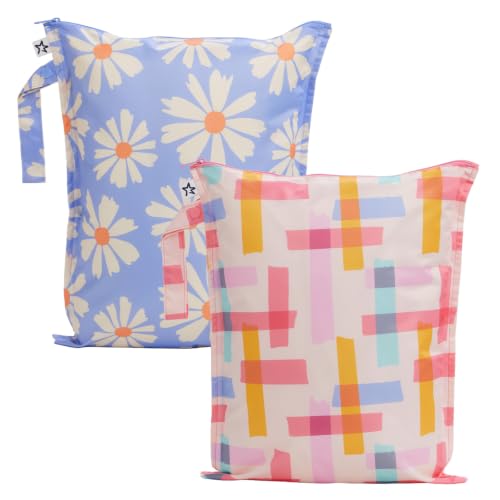 Tiny Twinkle Mess Proof Wet Bags | 2-Pack Reusable Waterproof Wet Bags for Swimsuits | Baby Clothes | Travel & Diaper Bag (Daisies,Playful) - color: Daisies,Playful, size: 2 Pack