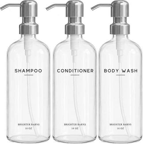 Clear Shampoo and Conditioner Dispenser Set by Brighter Barns - Refillable Plastic Shower Dispenser Set - Minimalist Shampoo Bottles & Stainless Steel Pump for Neutral Bathroom, Hotel (Clear/Silver) - color: Clear Silver