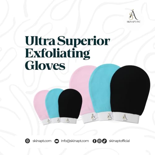 SkinApt Exfoliating Mitts for Bath and Shower – Heavy Duty Exfoliating Body Scrubber for Massage and Dead Skin Removal for Body – 3 Mitts in Pink, Black, and Ocean Blue Colors