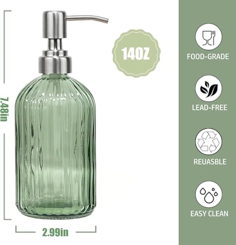 14Oz Green Soap Dispenser Bathroom - 2 Pack, Clear Glass Hand Soap Dispensers with Stainless Steel Pump, Refillable Dish Soap Dispenser for Kitchen, Countertop Soap Dispensers - color: 2 Pack - Green