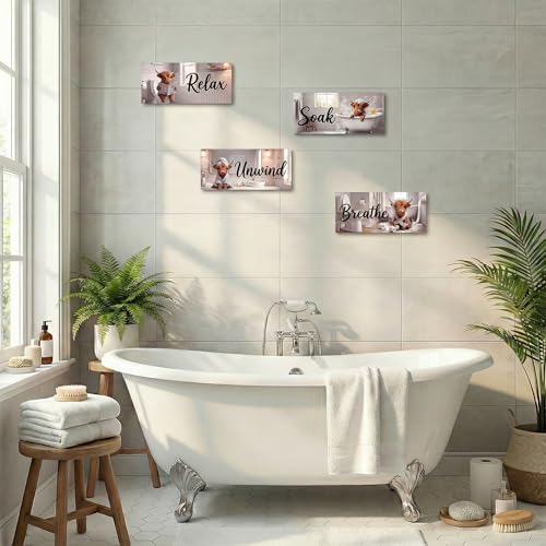4Pcs Highland Cow Wooden Bathroom Wall Decor Funny Farmhouse Bathroom Decor Set Relax Soak Unwind Breathe Bathroom Wall Art Rustic Cute Animal Wooden Signs for Guest Bath Restroom & Powder Room - style: Highland Cow