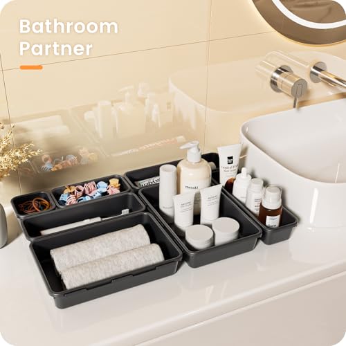 【Military Grade】A-LuGei Drawer Organizer,【𝟱𝗦𝗶𝘇𝗲】Makeup organizer,【Holds 177 Items】Bathroom Organizers and Storage,Organization and Storage,Desk Drawer Organizer for Vanity【Black】 - color: Black