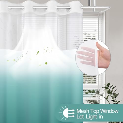 No Hook Shower Curtain with Snap in Liner, Ombre Teal Shower Curtains and Liner Set, Hotel Fabric Bath Curtain for Bathroom, Mesh Top Window Waterproof Washable, 71" x 74" - color: Ombre Teal, size: 71"W x 74"L (Pack of 1)