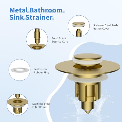 iFealClear Metal Universal Bathroom Sink Stopper, Upgraded Stainless Steel Sink Drain Strainer for 1.1''~2.36" Basin Pop Up Drain Strainer, Anti-Clogging Filter Basket, Brushed Gold - color: Brushed Gold