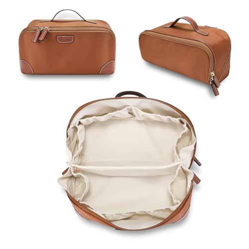 GIVLEFLY Makeup Bag for Women, Large Cosmetic Bag, Travel Toiletry Bag, Waterproof Nylon Organizer with Microfiber Leather, Flat Open for Skincare & Brushes