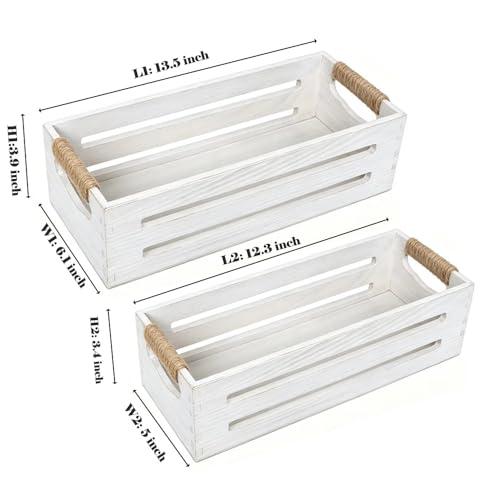 2Pack Wooden Bathroom Storage Crates with Rope Handles - Rustic Farmhouse Toilet Tank Topper Organizer Bin for Toilet Paper, Bathroom Decor, Kitchen Countertop & Home Organization (Distress White) - color: Distress White