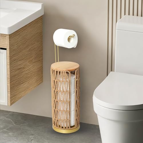Trongee Freestanding Toilet Paper Holder with Storage,Goldn Handmade Woven Toilet Paper Roll Holder Stand,3 Rolls of Tissue Holder for Bathroom,Rattan Sturdy Boho Bathroom Toilet Paper Storage - color: Gold