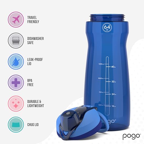 Pogo 64oz Plastic Water Bottle with Leak-Proof Chug Lid and Carry Handle, Reusable, BPA Free, Capacity Markings, Dishwasher Safe, Perfect for Travel, School, Outdoors, and Gym, Blue (Pack of 6) - color: Blue, size: 64 Ounces (Pack of 6)