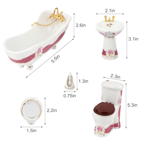 Dollhouse Bathroom Set 5PCS Miniature Porcelain Furniture 1/12 Victorian Dollhouse Furniture White Ceramic Toilet Bathtub Washbasins Decoration Accessory (Red) - style: Red