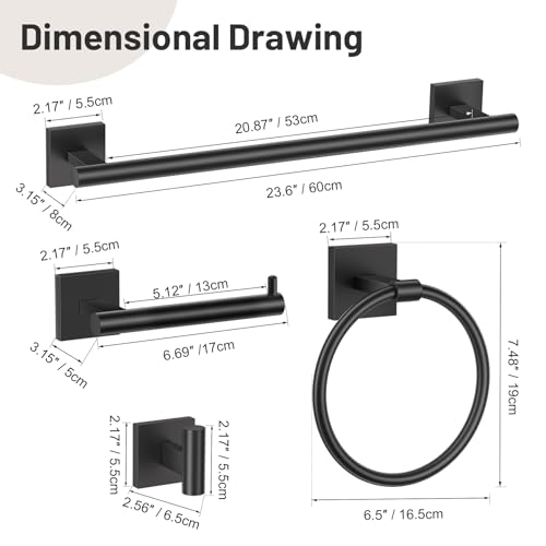 5 Pieces Bathroom Hardware Set Matte Black Towel Bar Set Includes 23.6” Towel Bar, Towel Ring Holder, Toilet Paper Holder and Two Towel Hooks, Bathroom Accessories Set SUS304 Wall Mounted - color: Black, size: 5 Pieces - Standard