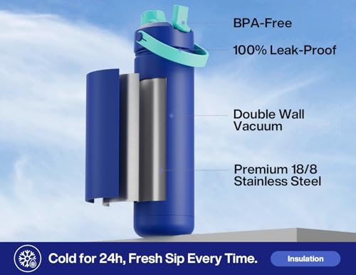 POWCAN 26 oz Insulated Water Bottle with 2-in-1 Straw and Spout Lid, Keep Cold 24H, Leak-Proof, Fits in Car Cup Holder, Stainless Steel Water Bottle for Sports, Travel, Gym, and School (Coastline) - color: Coastline, size: 26 Ounces