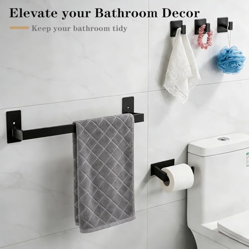 5 Pieces Self Adhesive Bathroom Hardware Set-SUS304 Stainless Steel-Towel Rack Set Include 16″Towel Bar+Toilet Paper Holder+3 Towel/Robe Hooks Bathroom Accessory (Matte Black, 16 in)