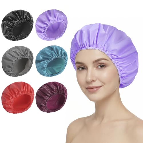 6 PCS Shower Caps for Women, Double Side Waterproof Shower Cap, Reusable Elastic Bath Caps for Shower, EVA Bathing Shower Caps, Bath Hair Caps - Black+Plum+Teal+Red+Lavender+Gray - color: Solid C - (Black+Plum+Teal+Red+Lavender+Gray)