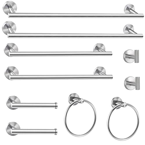 Cilee 10 Piece Brushed Nickel Bathroom Hardware Set, 24 inch Brushed Nickel Towel bar Towel Ring Toilet Paper Holder Robe Towel Hook, SUS304 Stainless Steel Bathroom Accessory Set - color: 1 Brushed Nickel, size: 24inch