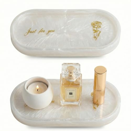 Bathroom Vanity Trays for Counter：White Resin Towel Tray Organizer with Words - Oval Bathroom Sink Tray Countertop - Decorative Tray for Perfume/Oil Bottles - color: White2