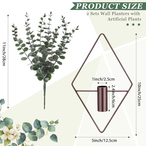 Jexine 4 Pcs Hanging Planters with Artificial Eucalyptus Metal Hanging Vase Indoor Plants Holder Modern Geometric Boho Bathroom Wall Decor for Living Room Home Office, Bronze - color: Bronze, size: Eucalyptus