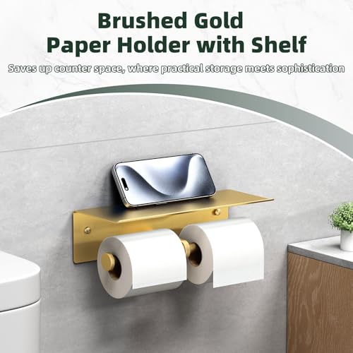 APLusee Brushed Gold Double Toilet Paper Holder with Shelf, Heavy Duty 304 Stainless Steel Tissue Roll Holder, Commercial Paper Dispenser Wall Mounted - color: Brushed Gold, size: Double Rod