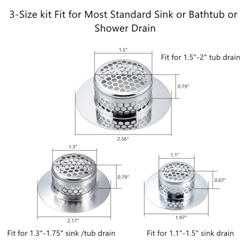 Bathroom Drain Strainers (Set of 3 Sizes), Hair Catcher for Bathroom Sink Bathtub Shower Floor Drain, Stainless Steel Filter Trap Fit Drain Hole from 1.2” to 2.17”
