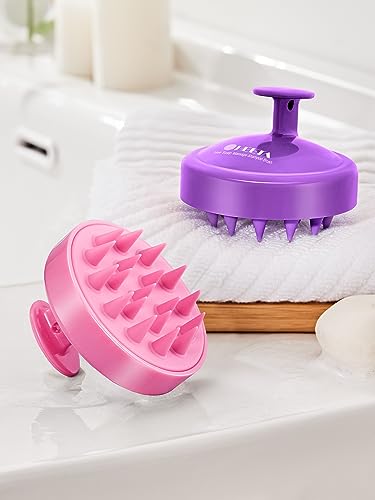 HEETA Scalp Massager Hair Growth 2-Pack, Soft Silicone Scalp Scrubber Shampoo Brush for Exfoliation Dandruff Removal Head Massage Stress Relax, Wet & Dry Use for Women Men Thick Thin Curly Hair Care - color: Purple & Pink