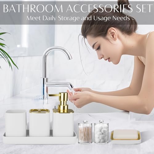 9PCS Bathroom Accessory Set, White Bathroom Set, Bathroom Accessories Set Complete with Trash Can, Toothbrush Holder, Soap Dispenser, Toilet Brush, Bathroom Decor - size: Bath Set with 4 Gallon Trash Can, style: White Swing-Top