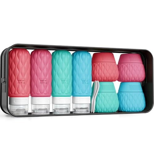 Silicone Travel Bottles for Toiletries 8 Pack Travel Size Toiletries 3.4 oz 1.7 oz, Leakproof Squeeze Travel Size Containers Refillable Cosmetic Jars Set for Shampoo, Conditioner, Creams - color: Tropical Sunset-3.4oz/1.7oz