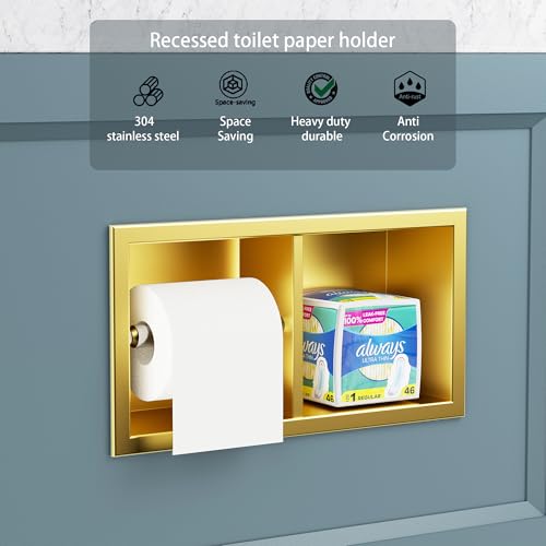 Neodrain Dual Roll Recessed Toilet Paper Holder - 304 Stainless Steel, Hidden in-Wall Design, Simple Loading and Unloading, Space-Saving for Modern Bathrooms（Gold - color: Gold