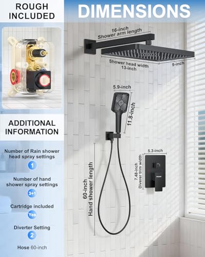Matte Black 13-Inch Rainfall Shower System - Premium Shower Head & Handheld Sprayer, Complete Bathroom Set with Faucet Mixer Trim Kit & Valve - color: Matte Black, size: 13''