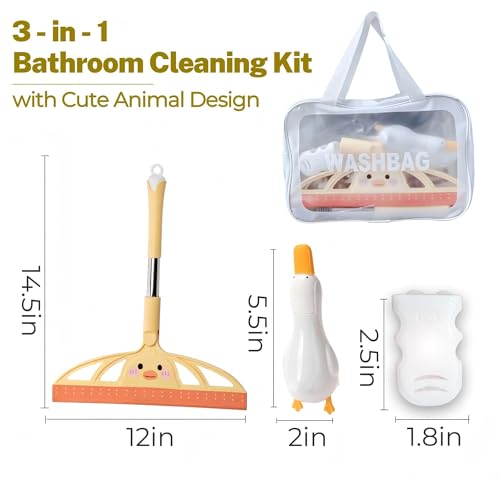 3-in-1 Bath&Kitchen Cleaning Set,Shower Squeegee for Shower Doors, Bathroom,Window and Car Waterproof Bag, Hair Catcher, Suction Cup Shower Head Holder for Deep Cleaning