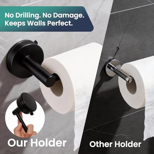 Black Removable Suction Cup Toilet Paper Holder, No Drilling Bathroom Wall Mount Tissue Roll Holder Matte Black Stainless Steel Damage-Free Easy Install & Reposition - color: Matte Black