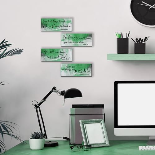 4 Pcs Green Bathroom Decor Christian Wall Art Abstract Bible Verse Wall Decor Rustic Inspirational Wood Bathroom Accessories For Bedroom Kitchen Office(10 x 4 Inches, Green) - color: Green