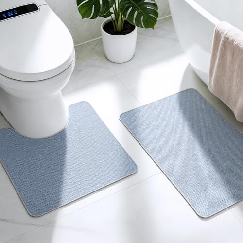 Bathroom Rugs Sets 2 Piece, Thin Bath Mat & U-Shaped Contour Toilet Rug Absorbent Quick Dry, Machine Washable, Non Slip Low Pile Bath Mats for Bathroom/Tub/Sink/Shower (27"x17" Plus 24"x20" U, Blue) - color: Blue, size: 17"x27"+U Shape 24"x20"-2pack