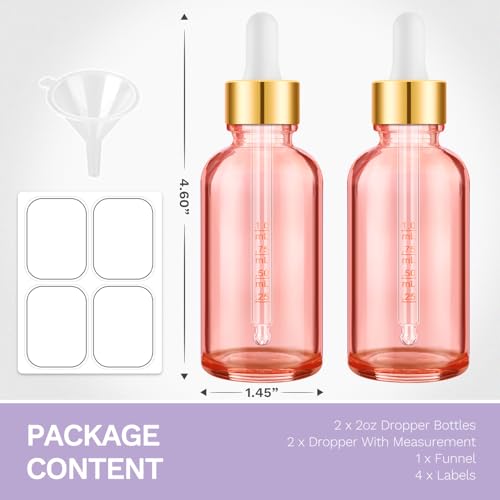 Bumobum 2 oz Glass Dropper Bottles, 2 pack Pink Lab dispensing Bottles for Essential Oils with Funnel, Labels & Pipette, Eye Tincture Bottle with Measured Dropper - color: Pink