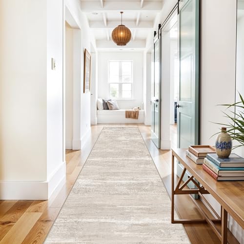 Washable Abstract 3x25 Runner Rug - Extra Long Hallway Runner Rug 25 ft Non Slip Stain Resistant Carpet for Entryway Living Room Stair Indoor Modern Home Decor Low Pile Mat 3x25 Beige - color: Beige, size: 3' x 25' (Runner)