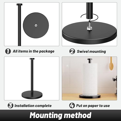 VEHHE Black Paper Towel Holder Countertop, Stainless Steel Paper Towel Holder Stand with Weighted Base Suction Cups for Kitchen Bathroom - color: Suction Base | Black