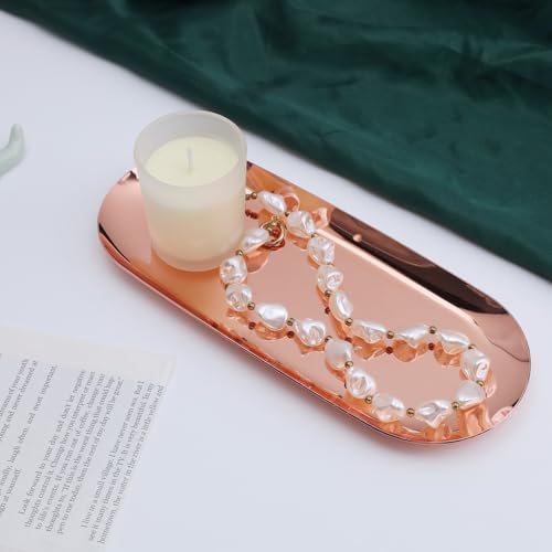 Dnyta Stainless Steel Decorative Tray, Decor Jewelry Dish, Rose Gold Bathroom Decor Makeup Serving Trays for Dresser, 9 x 3.7in Cosmetics Home Decor for Keys Watch Wallet Trinket (Oval, Rose Gold) - style: Oval rose gold style (1pcs)