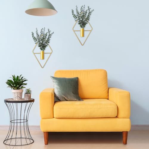 Jexine 4 Pcs Hanging Planters with Artificial Eucalyptus Metal Hanging Vase Indoor Plants Holder Modern Geometric Boho Bathroom Wall Decor for Living Room Home Office (Eucalyptus,Gold) - color: Gold, size: Eucalyptus
