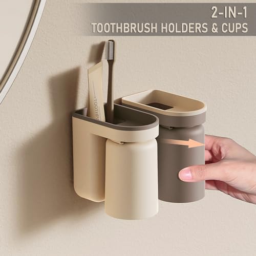 Toothbrush Holder Wall Mounted with Cup,2-in-1 Toothbrush Holders & Cups Set,Inverted Design for Easy Cleaning and draining,Stick-on Toothbrush Holder for Bathroom (Beige+Coffee) - color: Beige+coffee