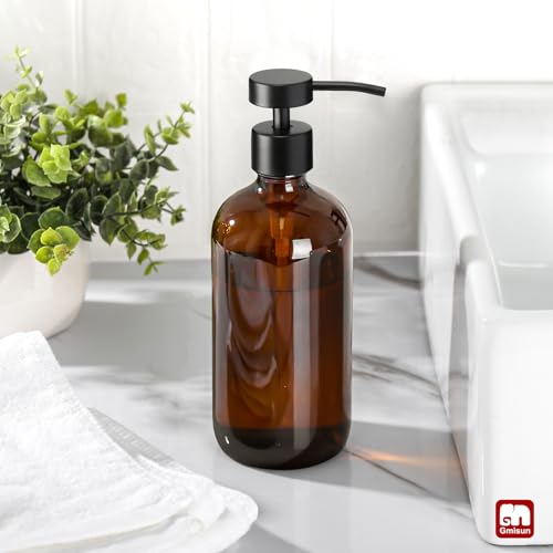 GMISUN Amber Glass Soap Dispenser, 1 Pack Dish Soap Dispensers for Kitchen with Rustproof Stainless Steel Pump, 17 Fl Oz Bathroom Hand Soap Dispenser, Brown Liquid Dishwashing Dispensers Bottle - color: Amber Bottle + Black Flat Pump, size: 1 Pack