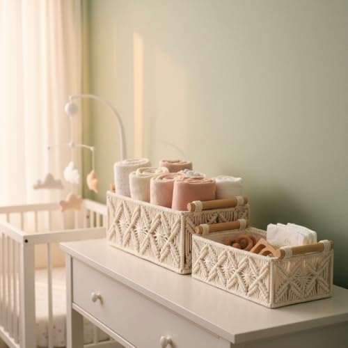 Macrame Storage Basket Boho Decor Baskets for Organizing Woven Decorative for Countertop Toilet Paper Basket for Tank Top for Home Decor Bedroom Nursery Livingroom Entryway (Set of 2) - color: white