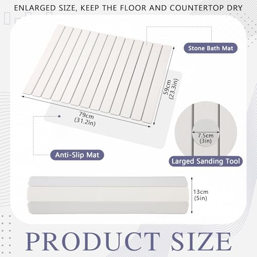 Nuanchu Large Stone Bath Mat 31.2" x 23.3" - Foldable Diatomite Bath Mat with Anti-Slip Pad Quick-Dry Large Bathroom Non-Slip Absorbent and Easy to Clean for Shower Entryway Kitchen Counter (White) - color: White